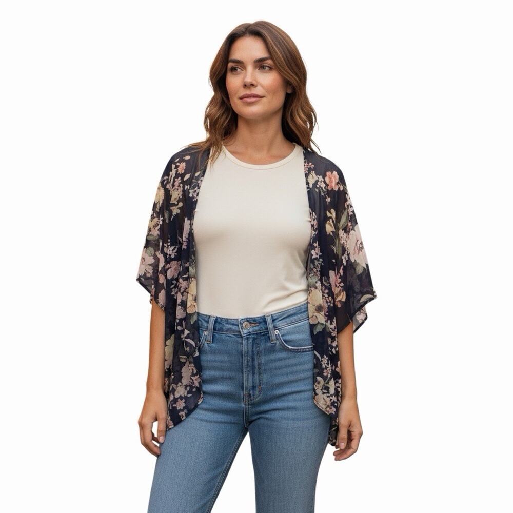 Navy Blue Floral Kimono Cardigan Chiffon Open Front Wide Sleeve Boho Duster OS